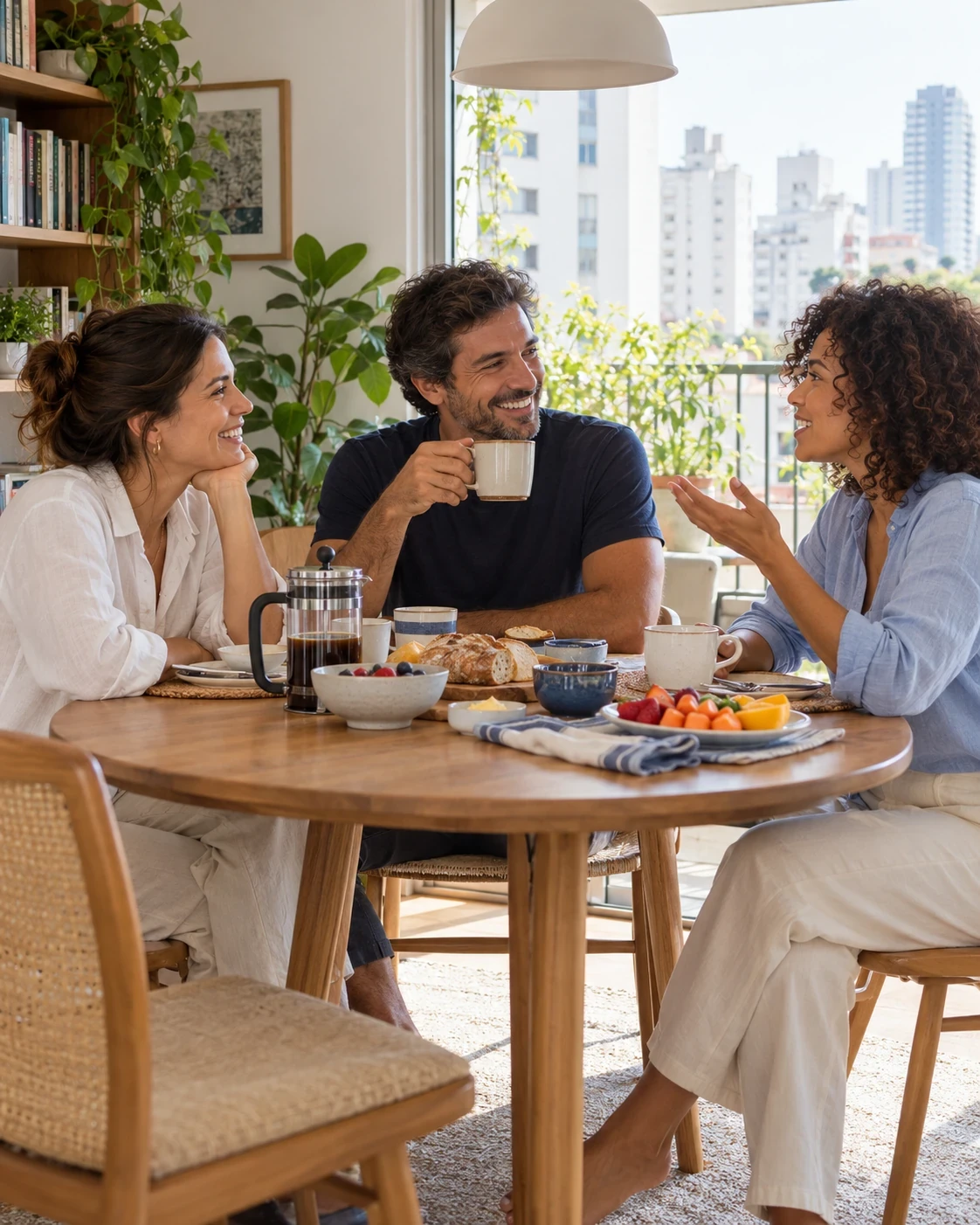 Três amigos conversando durante uma refeição em um apartamento iluminado