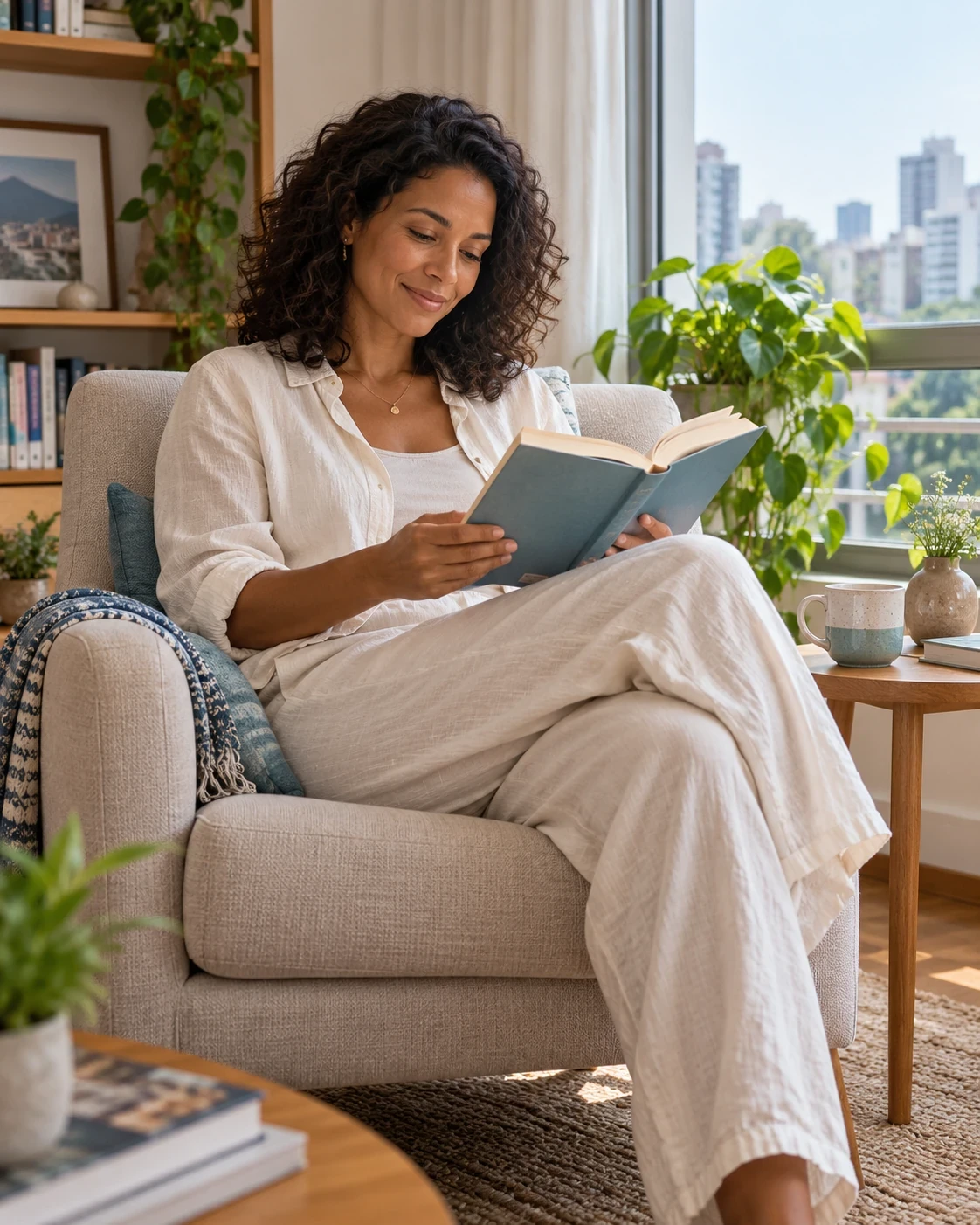 Mulher lendo um livro em uma poltrona junto à janela