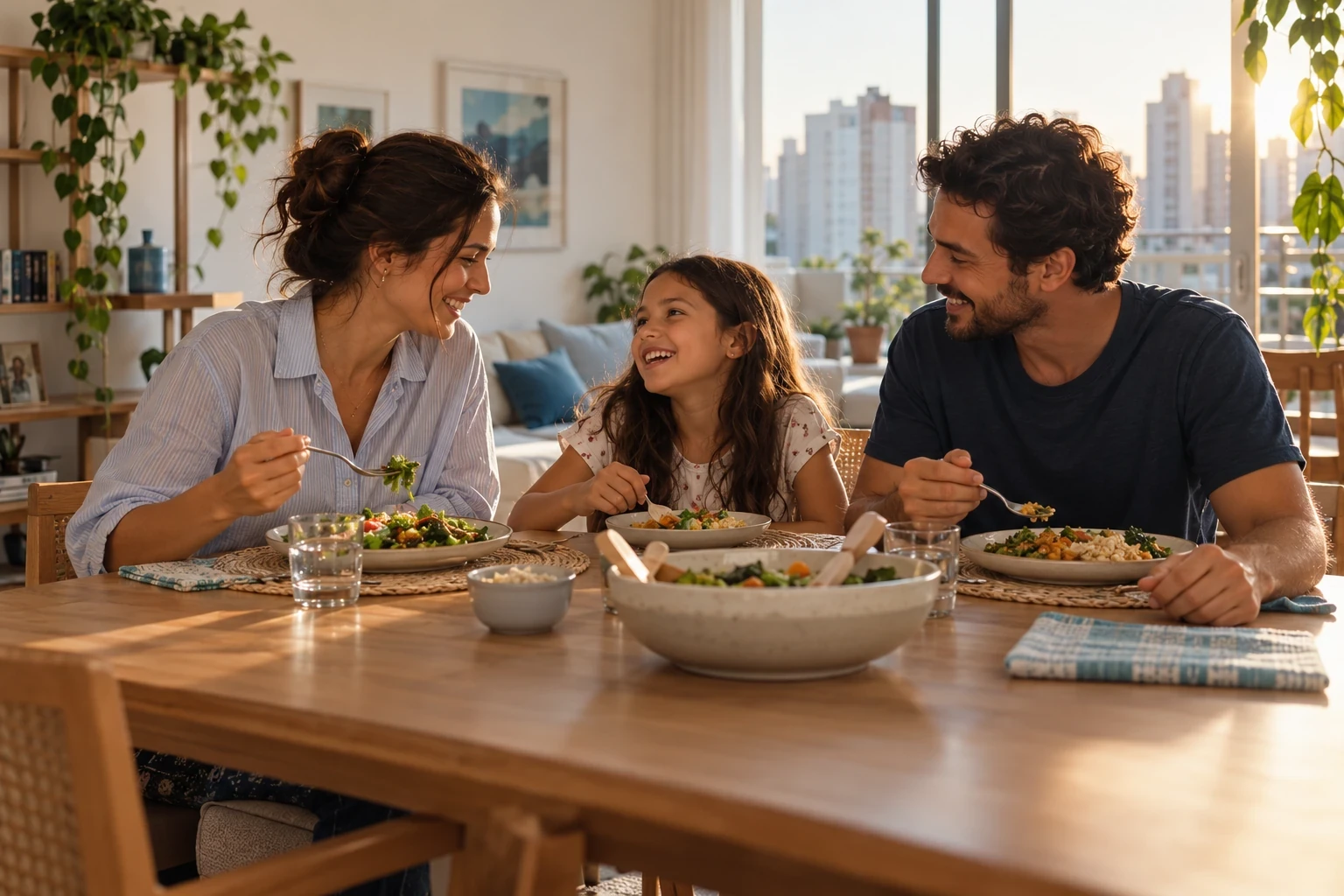 Família de três pessoas compartilhando uma refeição à mesa de casa